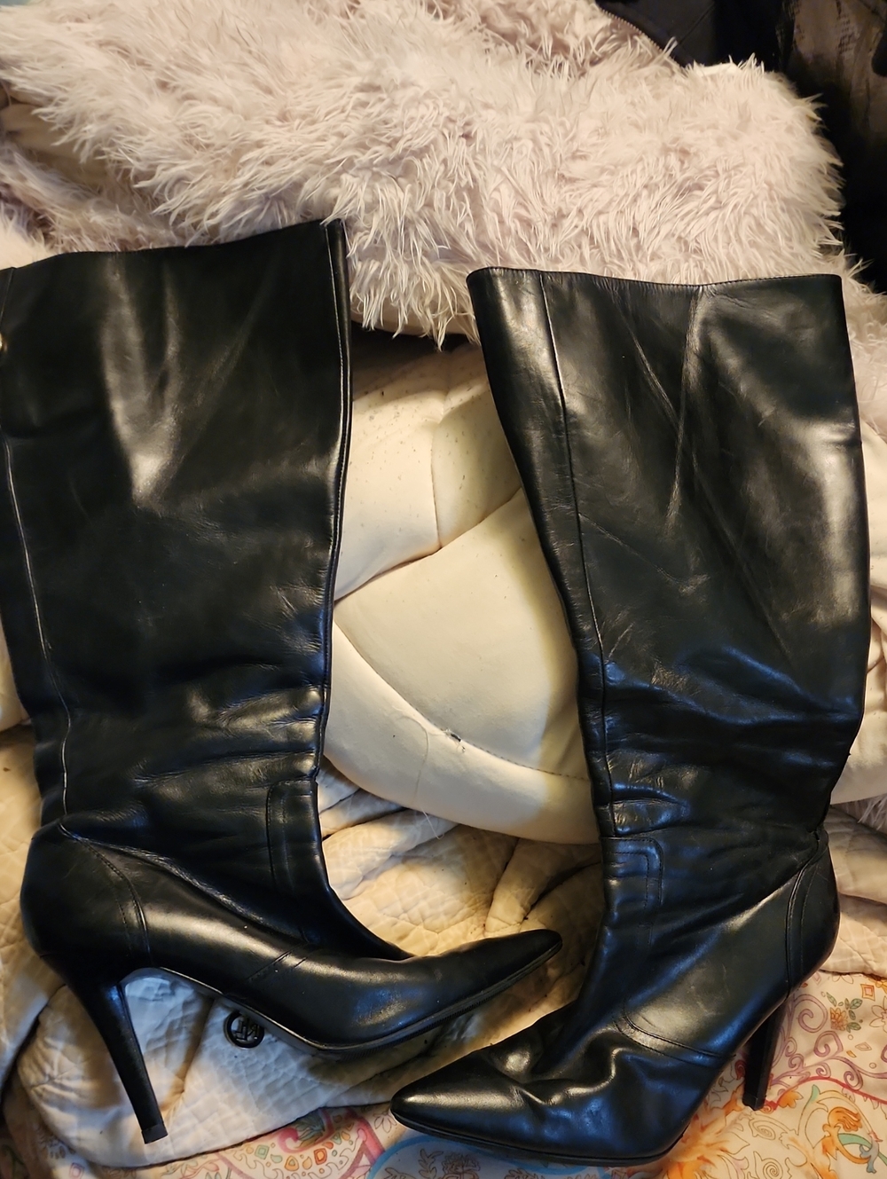 Lauren RALPH Lauren Black Leather Knee-High Pointed Toe Stiletto Boots